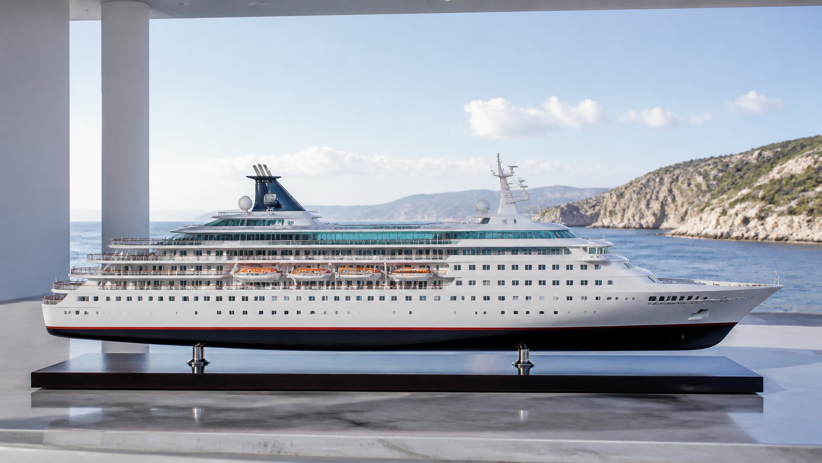 A sculpted white yacht-class cruise vessel displayed beside a calm coast